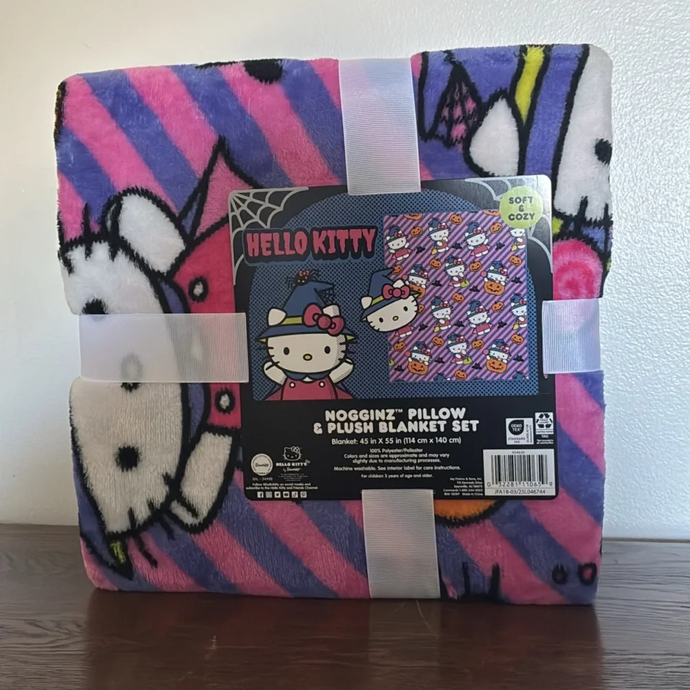 NWT- Halloween Hello Kitty Witch Hat Pillow Plush & Throw Blanket 45x55 Set